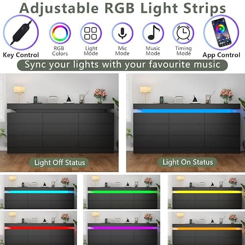 Gyfimoie 9 Drawer Dresser with Power Outlet, Dresser with LED Light, Modern Chest of Drawers for Closet, Double Wide Drawer Organizer Cabinet for Bedroom, Living Room (Black, 9 Drawers) thumbnail 4