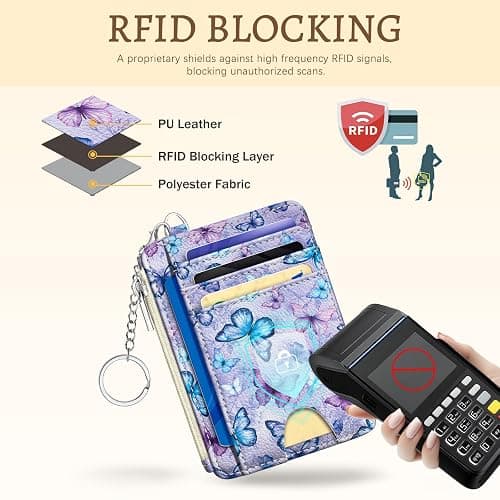 Kelvoris Credit Card Holder Slim Wallet Women, Butterfly Small RFID Blocking Wallets Woman Keychain with Zipper Coin Pocket, Front Pocket Thin Travel Ladies Card Case with ID Window thumbnail 4