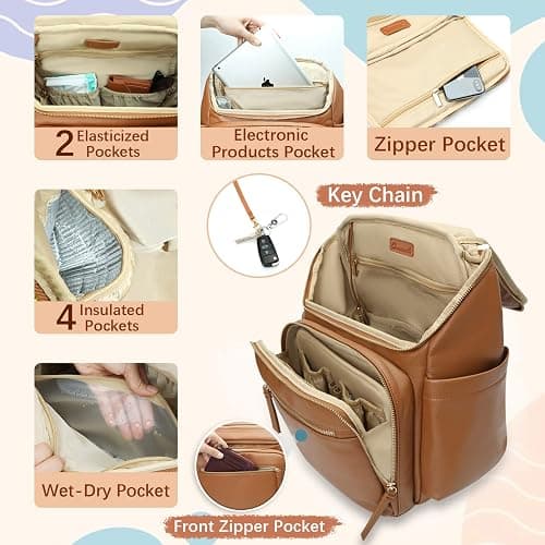 Omanmoli Diaper Bag Backpack Large Baby Diaper Bag Leather with 17 Diaper Bag Organizing Pouches,Changing Pad,Stroller Straps,4 Insulated Pockets,Brown thumbnail 5