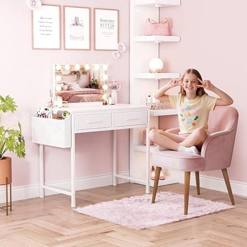 DLisiting 32 Inch Small White Desk with 2 Drawers, Study Writing Computer Desk with Storage Drawer for Bedroom Home Office, Vanity Table Without Mirror for Girls Small Spaces thumbnail 4