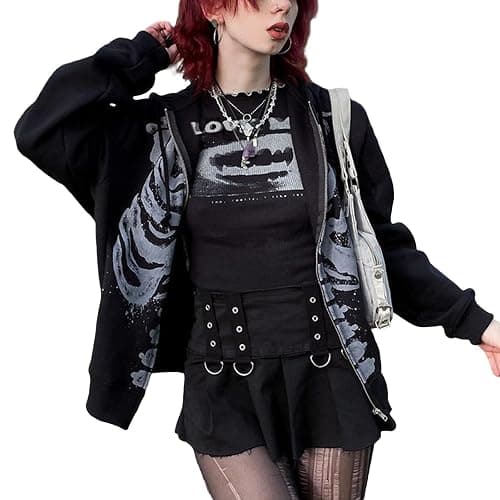 Yuemengxuan Womens Y2K Zipper Hoodie Long Sleeve Sweatshirt Harajuku Punk Grunge Tops Oversized Vintage Streetwear thumbnail 5