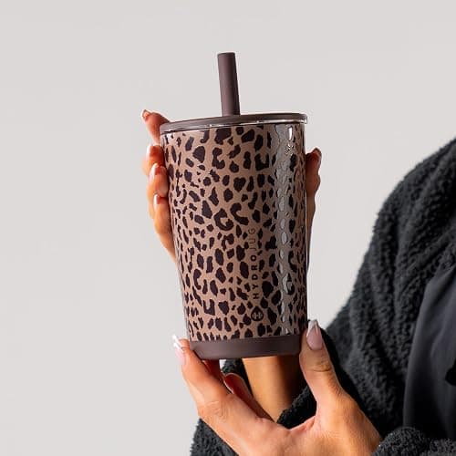 HydroJug Everyday Tumbler 14 oz, Ceramic-Lined Straw Cup, Brown Leopard thumbnail 2