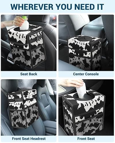Capolo Car Trash Can with Lid, Leakproof Car Trash Bag Hanging Waterproof Automotive Garbage Can with Storage Pockets Mini Vehicle Trash Bin for Back/Front Seat(Cow Print,2.5 Gallon) thumbnail 6