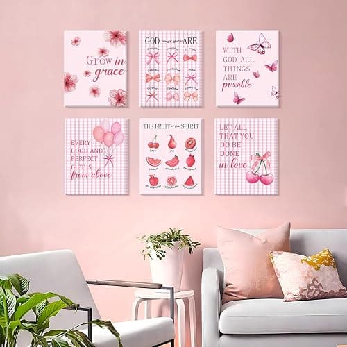 CHDITB 6Pcs Pink Girly Affirmation Framed Canvas Wall Art, Trendy Flower Bow Butterfly Cherry Balloon Poster Prints, Cute Inspirational Quotes Artwork for Teen Girl Bedroom Preppy Dorm (8" X 10") thumbnail 5