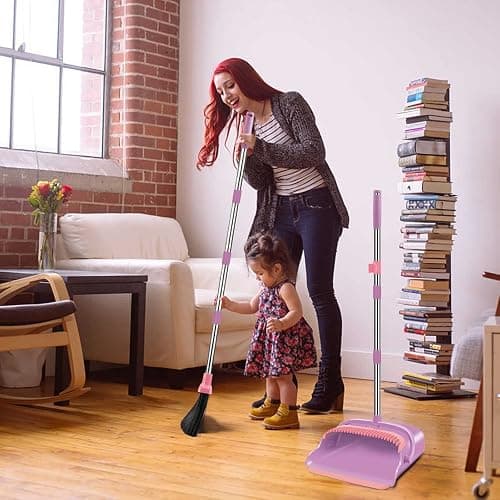 kelamayi Broom and Dustpan Set for Home, Office, Indoor&Outdoor Sweeping, Stand Up Broom and Dustpan (Pink) thumbnail 7