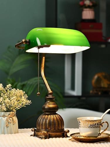Newrays Retro Green Glass Bankers Desk Lamp for Home Office,Library with Pull Chain Switch Plug in Fixture, LED Bulb Included thumbnail 3