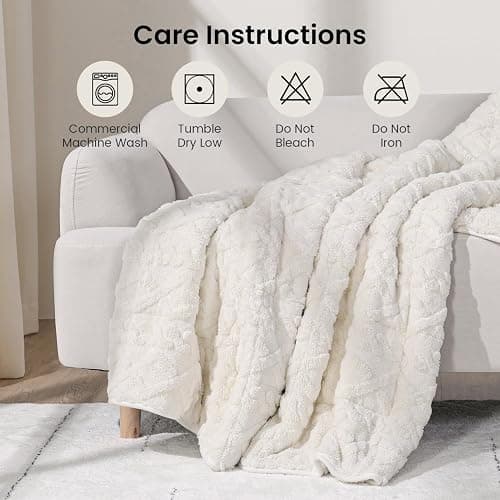 Drewin Weighted Blanket 15lbs Queen Size, Soft and Thick Jacquard Sherpa Heavy Blanket for Calming and Relax, Dual Sided Ultra Soft Fuzzy Throw Blanket with Ceramic Beads, 60 x 80 inches, Cream White thumbnail 8
