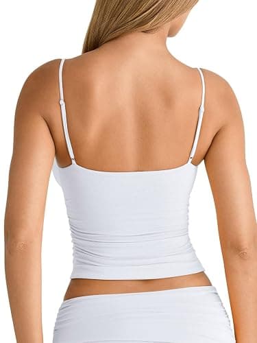 PINKMSTYLE Women's Sexy V Neck Ruched Cami Top Sleeveless Spaghetti Double Layer Fitted Crop Tank Tops thumbnail 6