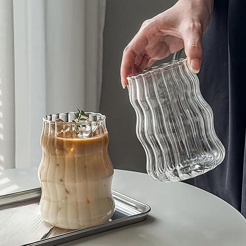 2Pcs 530ML Glass Mugs with Straws - Clear Iced Coffee Cup Matcha Ribbed Wavy Glass Cups Matcha Glasses with Straws Brush & Cup Brush for Ice Coffee Juice Drink Milk Tea Cocktail Wedding Birthday Gift thumbnail 2