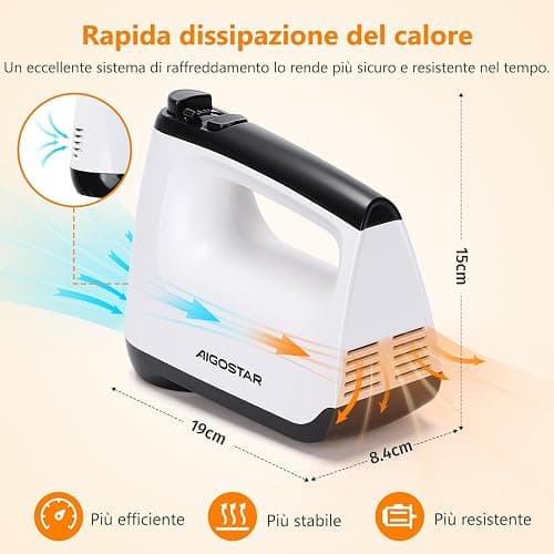 Aigostar Pudding - Sbattitore Elettrico, 6 Velocità e Turbo, Frusta Elettrica, 400W, Miscelazione Silenziosa. Dotato di 2 Fruste, 2 Ganci Impastatori, frusta e contenitore. thumbnail 3