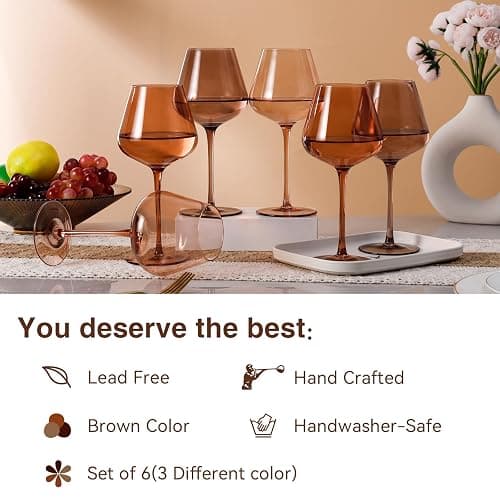 Physkoa Venus Wine Glasses Set of 6-18oz Hand Blown Amber Wine Glass with Stem, Unique Melanin Colored Wine Glasses, Mocha Mousse-Inspired Colors Glassware for Home Decor & Gifts thumbnail 3