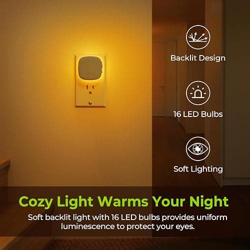 AUVON Plug-in LED Backlit Night Light with Motion Sensor & Dusk to Dawn Sensor, Dimmable Amber Nightlight with 1-50 lm Adjustable Brightness for Bedroom, Bathroom, Stairs, Hallway (4 Pack) - Image 1