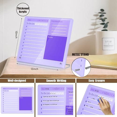 Desktop Thick Acrylic Dry Erase Board to Do Planning Board, 12" x 10", Desktop White Board with Stand, Frameless Purple Dry Erase White Board for Office/Home/School thumbnail 3