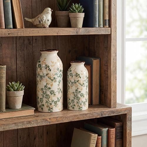 Ninehaoou 2 Pcs Vintage Ceramic Flower Vase Chinoiserie Antique Floral Vase Rustic Boho Farmhouse Decor for Home Table Bookshelf Aesthetic Centerpiece Gift(Vintage Green) thumbnail 6