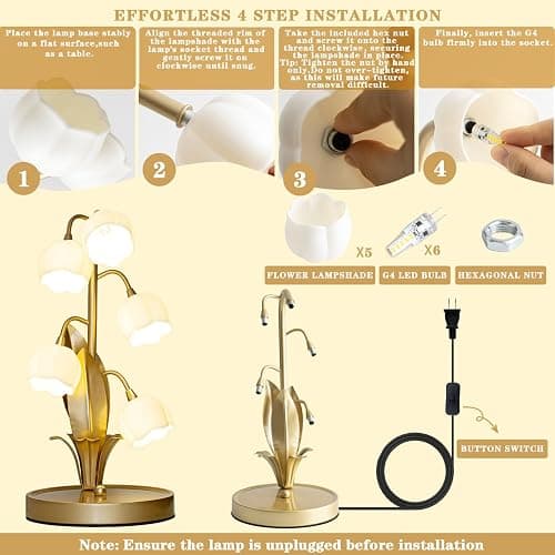 WERFOP Vintage Lily of the Valley Flower Table Lamp | 3 Color Adjustable LED Bedside Lamp, Cute Night Light for Bedroom, Living Room, Dorm Room, Office & Home Decor (Gold) thumbnail 4