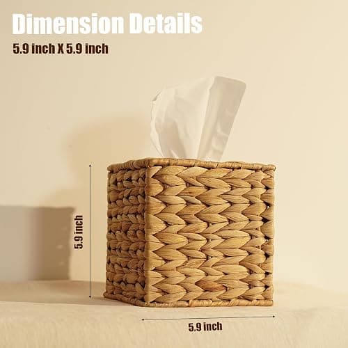 PINXIURY Water Hyacinth Handwoven Tissue Box Cover, Natural Handmade Wicker Napkin Box Holder, Handcrafted Square Facial Tissue, Rustic Decorative on Table and Bathroom, Office, Boho Decorative thumbnail 3