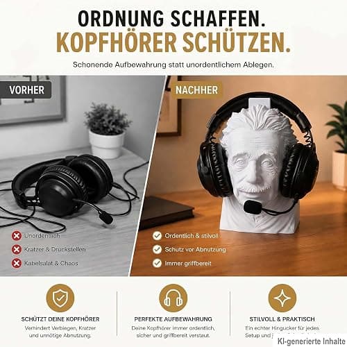 R-Satz Shop Einstein Kopfhörerhalter – Headset Ständer für Kopfhörer & Headsets – Büste Schreibtisch Deko & witziges Geschenk – Headphone Stand für Büro, Setup & Gaming thumbnail 4