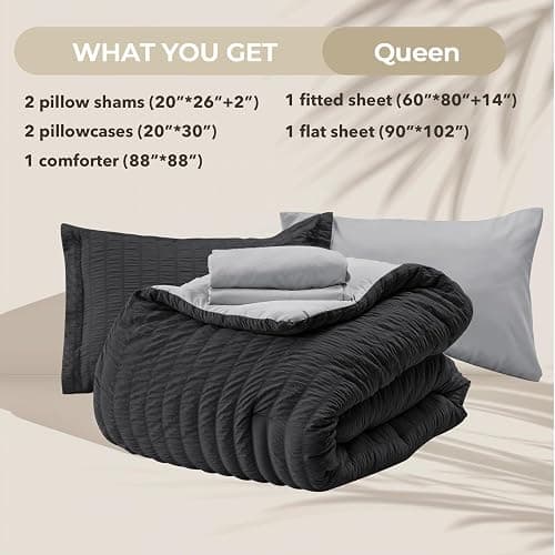 HYMOKEGE Black/Light Grey Queen Comforter Set Seersucker 7 Pieces, All Season Luxury Bed in a Bag for Bedroom, Bedding Set with Comforters, Sheets, Pillowcases & Shams thumbnail 5