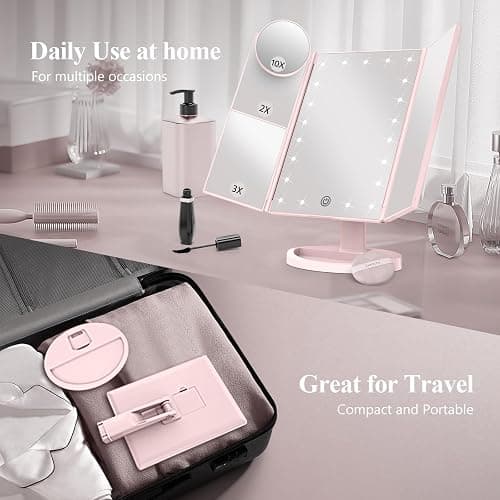 HUONUL Makeup Mirror Vanity Mirror with Lights, 2X 3X 10X Magnification, Lighted Makeup Mirror, Touch Control, Trifold Makeup Mirror, Dual Power Supply, Portable LED Makeup Mirror, Women Gift (Pink) thumbnail 5
