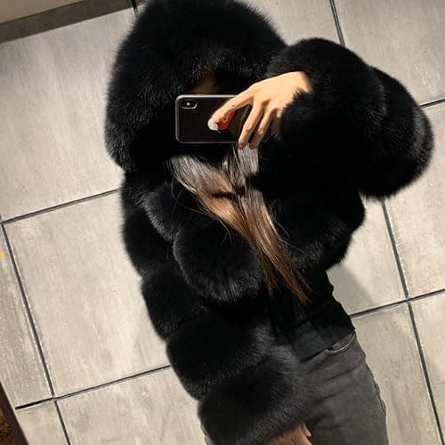 YRAETENM Womens Faux Fur Coat Trendy Zip Up Cropped Bubble Coats Long Sleeve Fleece Warm Short Winter Coats With Fuzzy Hoode thumbnail 3