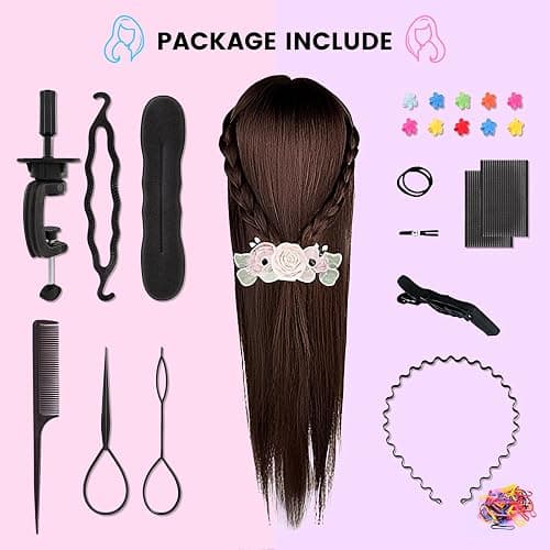TwoWin Hairdressing Training Head, 26" 80% Real Hair Mannequin Head, Wig Styling Head with Clamp and DIY Braiding Set (Dark Brown) thumbnail 6