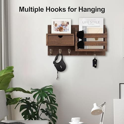 Lwenki Wall Mount Key Holder with Mail Organizer, 100% Paulownia Wood, 7 Metal Hooks, Storage Drawer, Entryway Home Decor (Brown) thumbnail 5