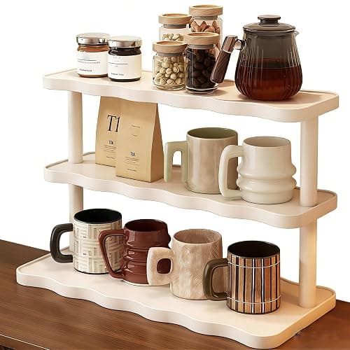 JORCEDI Bamboo multi-Tier Storage Shelf - Space-Saving Wooden Organizer with Large Tabletop, Heavy-Duty Load Capacity for Kitchen, Bathroom & Living Room (Warm White,3 Tier) - Image 1