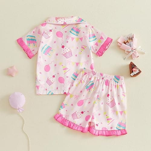 Kavousa Toddler Baby Girls Birthday Pajamas Donut Cake Bow Print Ruffle Shirt Shorts Little Girls Summer Sleepwear Outfits thumbnail 7