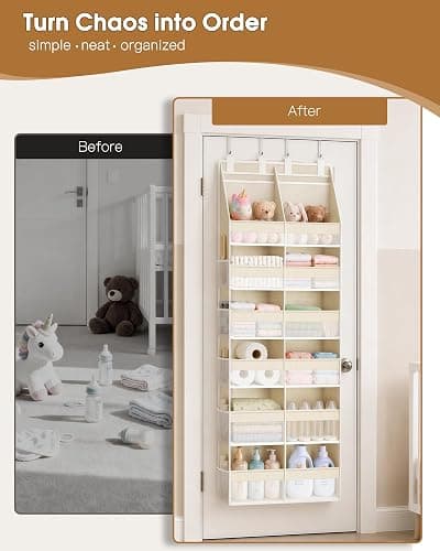 Criusia Over the Door Organizer, Extra Large 12 Compartments Closet Hanging Storage with 14 Mesh Pockets, 85lbs Capacity Behind the Door Storage for Baby Nursery, Bathroom, Bedroom, and Dorm, Beige thumbnail 6