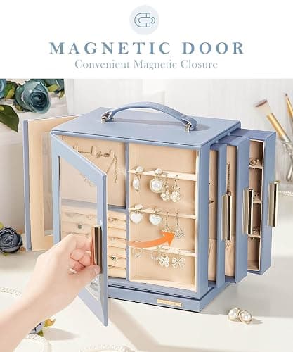 Homde Christmas Gifts Jewelry Box 360° Rotating, Necklace Earring Organizer with Transparent Window, Mirror, 7 Drawers, Large Ring Display Storage Case for Girls Women (Grey Blue) thumbnail 7