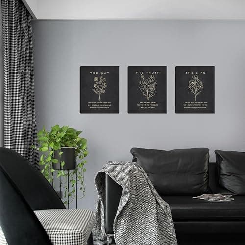 KAIRNE Framed Boho Floral Christian Bible Verse Canvas Wall Art Set,12”*16”Inch The Way The Truth The Life Scriptures Poster Black Minimalist Botanical Flower Bible Wall Decor for Living Room Bedroom thumbnail 2