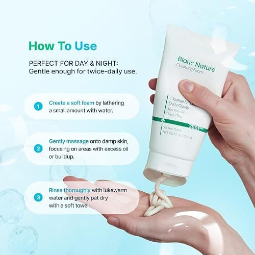 BLANC NATURE Cleansing Foam, Tea Tree Pore Deep Facial Cleanser for Oily & Sensitive Skin, Centella Asiatica, Green Tea, Korean Skincare, 5.07 fl oz (150 ml) thumbnail 6