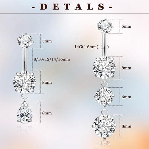 NICEIGHT 2Pcs Surgical Steel Dangle Belly Button Ring for Women Internally Threaded CZ Dangling Navel Ring Hypoallergenic Teardrop Belly Piercing Jewelry 8-16MM thumbnail 3