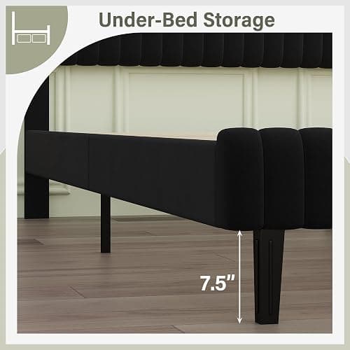 Lullabyre Twin Bed Frame Velvet Upholstered Platform Bed with Adjustable Vertical Channel Tufted Headboard and Footboard, No Box Spring Required, Easy Assembly, Black thumbnail 5