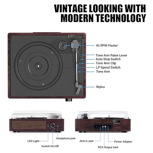 Vintage Record Player with Speakers Turntable Built-in Bluetooth Receiver & 2 Stereo, 3 Speed Full Size Wireless Portable Record Player, Headphone AUX-in RCA Line LP Vinyls Players thumbnail 2
