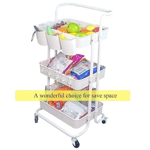 Lontenrea 3-Tier Rolling Cart Utility Storage Shelves Cart with 3 PCS Hanging Cup and 8 PCS Hook (White) thumbnail 7