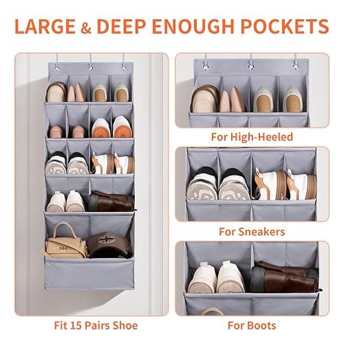 FENTEC 1 Pack Over-the-Door-Shoe-Organizers, Hanging Organizers with Large Pocket Shoe Holder Hanging Shoe Rack for Closet Shoe Organizer for Wall, Over Door Organizer with 15 Pockets Gray thumbnail 6