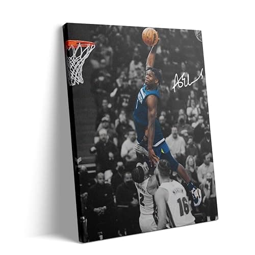 NBA Canvas Wall Art Decor - Anthony Edwards Iconic Dunk, Timberwolves Slam Dunk Action, High-Flying Basketball Moment, Sports Poster for Home or Game Room Wall Decoration 12x16 - Image 1