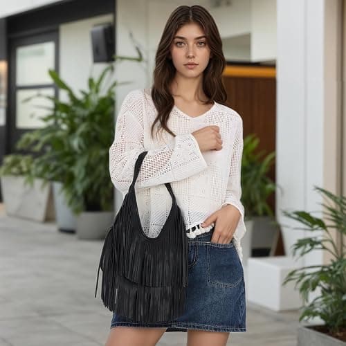 LUI SUI Fringe Hobo Purses for Women Vintage Black Fringe Shoulder Bag Western Tassel Handbags thumbnail 3