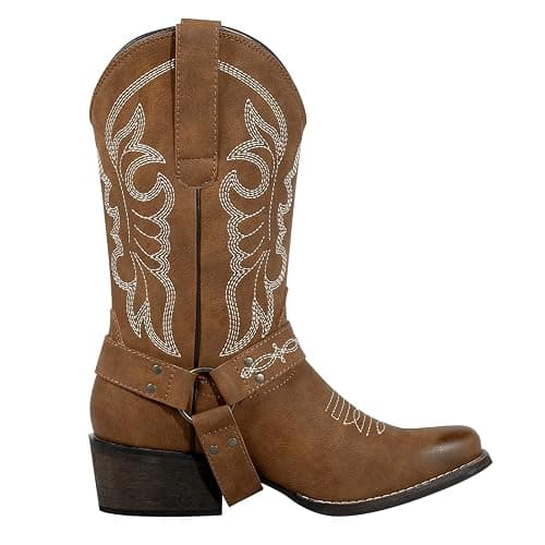 J's.o.l.e Women's Square Toe Cowgirl Cowboy Boots Mid Calf Western Riding Boots with Fashion Buckle Strap thumbnail 8