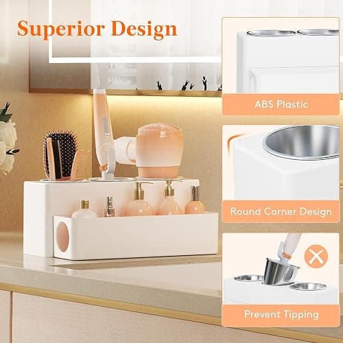Lifewit Hair Tool Organizer, Removable Hair Dryer Holder Countertop, Acrylic Hot Tools Organizer with 3 Stainless Cups for Curling Iron, Straightener, Hairbrush, Makeup Accessories in Bathroom, White thumbnail 7