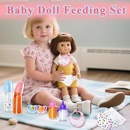 Kuihaazi 12PCS Baby Doll Accessories Set,Doll Pretend Play Feeding Toys,Baby Doll Feeding Include Disappearing Milk and Juice Bottles,Pacifier,Bibs,Diapers thumbnail 5