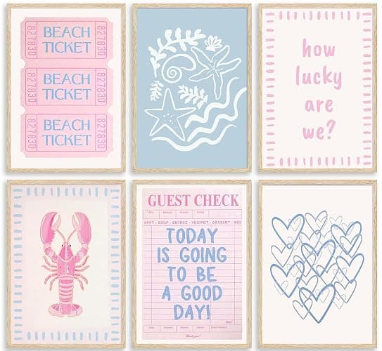 Pink Blue Beach Preppy Wall Art Coastal Granddaughter Aesthetic Summer Picture Wall Decor Trendy Beach Ticket Starfish Poster Lucky Heart Painting Print Artwork for Girly Room Dorm Apartment, Unframed - Image 1