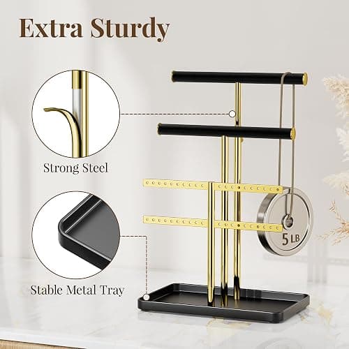 pickpiff Jewelry Holder Organizer with Velvet, Adjustable 10"-17" Tall, Metal Stand for Display Bracelet, Necklace, Earrings, Rings, Black and Gold thumbnail 6