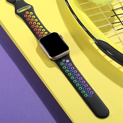 Lerobo Compatible for Apple Watch Band 45mm 44mm 11 10 46mm 42mm 49mm Ultra 3 2,Soft Silicone Sport Bands Wristband Replacement Strap for iWatch SE Series 9 8 7 6 5 4 3 2 1 Women Men,Black/Rainbow,M/L thumbnail 2