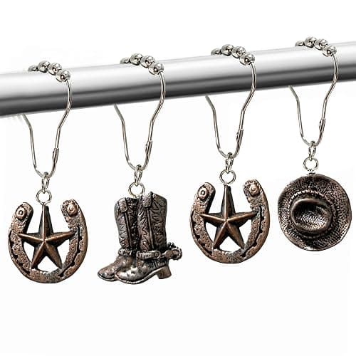 Western Shower Curtain Hooks, 12PCS Western Cowboy Bathroom Decor Brown Cowboy Shower Curtain Hooks Rustic Country Creative Shower Curtain Rings - Image 1