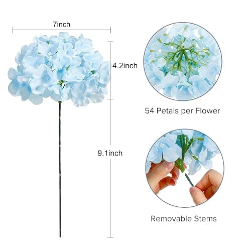 Auihiay 10PCS Hydrangea Artificial Flowers, Faux Blue Flowers | for Wedding Centerpieces, DIY Bouquets, Bridal Shower, Floral Decor Home Decoration with Stems thumbnail 3