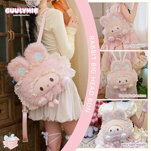 GUULYMIE Pink Bunny Plush Backpack 15 Inch Cute Rabbit Head Stuffed Animal Bag with Adjustable Straps Handmade Soft Lightweight Plush Backpack for Daily Use Photos Travel and Room Decor thumbnail 4