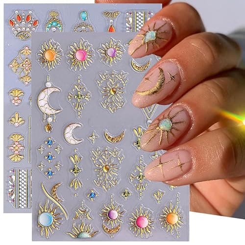 Sun Moon Nail Art Stickers 5D Embossed Totem Bohemian Style Nail Decals 2PCS Metallic Gold Lace Lines Green Gem Luxury Design Nails Adhesive Stickers Supply for Women DIY Manicure Decorations thumbnail 2