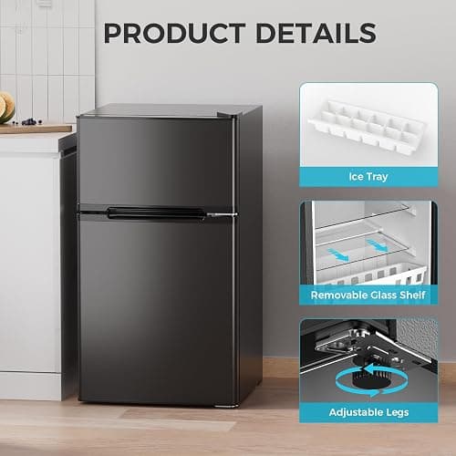 COWSAR 3.2 Cu.Ft Fridge with Freezer, Double Door Compact Fridge for Bedroom, Adjustable Thermostat, Energy-efficient Low Noise Small Refrigerator For Dorm, Office, Bar, RV, Bedroom,Commercial thumbnail 6